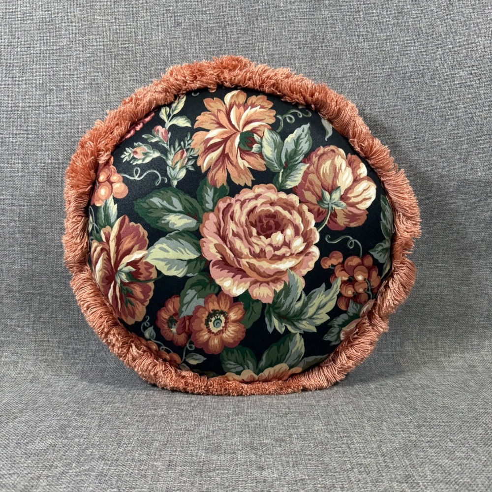 VTG 15" Round Floral Peach Fringe Accent Throw Pillow Grandmillennial Shabby Max